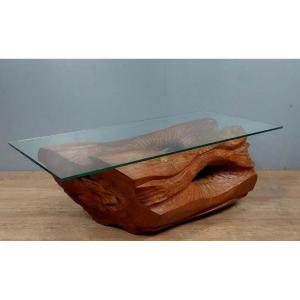Unusual Vintage Coffee Table In Wood And Glass Dated 1999 / Monogram And Logo
