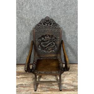 19th Century China: Rare Folding Country Armchair In Carved Walnut 