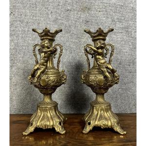 Large Pair Of Cassolettes With Putti In Gilt Bronze