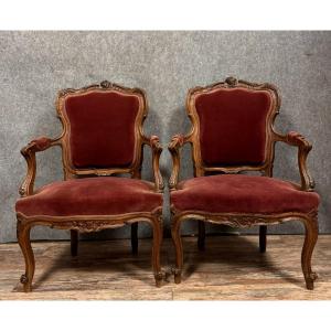 Pair Of Louis XV Rocaille Style Cabriolet Armchairs In Walnut 