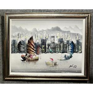 Grande Huile Sur Toile Tableau Vintage Peinture Japonisante 