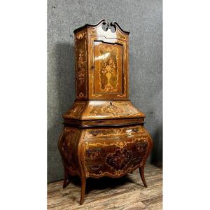 Cabinet Secretary Scriban Curved Louis XV Style In Marquetry