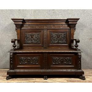  Monumental Renaissance Style Chest Bench In Solid Walnut 