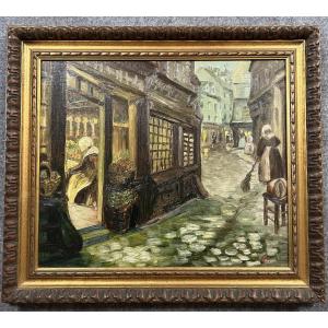French School Early 20th Century: Oil On Animated Street Panel In Brittany  