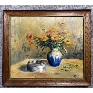 Jacques Cartier 1936 : Huile Sur Toile Nature Morte Aux Fleurs