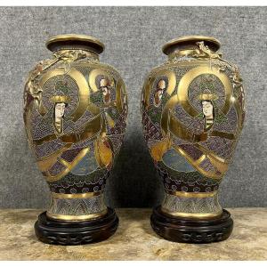 Japan Circa 1880: Pair Of Large Satsuma Porcelain Vases