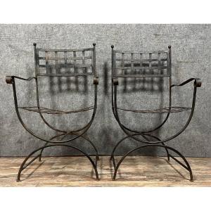 Pair Of Curules Neo Classic Style Armchairs In Iron 