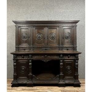 Important Renaissance Castle Buffet Cabinet In Solid Walnut 