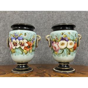 Pair Of Napoleon III Period Vases In Paris Porcelain  