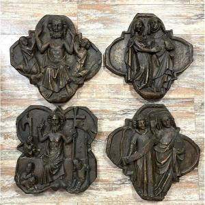 Rare Series Of 4 Panels From A Devotional Altarpiece In Patinated Plaster 