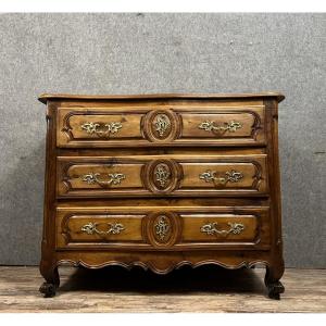 Curved Lyonnaise Commode Louis XV Period In Solid Walnut 