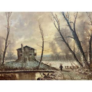 20th Century Italian School - Large Oil On Panel Depicting A Winter Landscape / H93 X 122 Cm