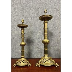 Important Pair Of Church Candlesticks In Bronze And Gilded Brass