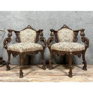 Très Rare Paire De Fauteuils Vénitiens Dans Le Style De La Renaissance Italienne  