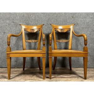 Paire De Fauteuils Style Directoire - Consulat En Noyer Blond 