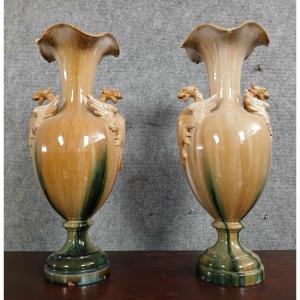  Delphin Massier (1836-1907) (d'après) : Paire De Grands Vases En Faïence De Forme Balustre  