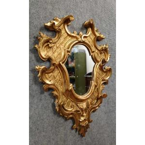  Miroir "écusson" Italien Vénitien De Style Louis XV Baroque En Bois Et Stuc Doré 