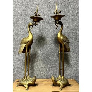 Asia 19th Century: Monumental Pair Of Candlesticks From The Meiji Period (1868-1912) In Gilt Bronze H68cm   