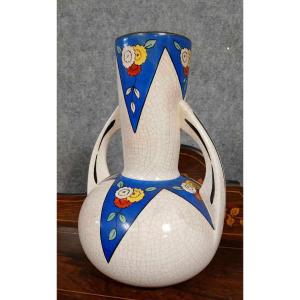 Art Deco Period Vase: Proof In Cracked Ceramic Decorated With Polychrome Stylized Motifs