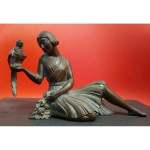 Sujet En Bronze La Femme Au Perroquet