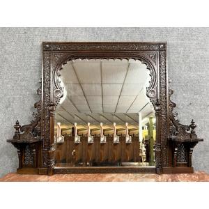 Syria 19th Century: Large Mirror With Consoles In Carved Wood With Arches And Geometric Motifs  