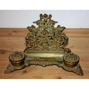 Large Antique Bronze Brass Inkwell Letter Holder With Cherubs 