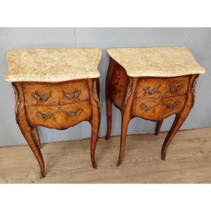 Pair Of Louis XV Style Curved Marquetry Bedside Tables