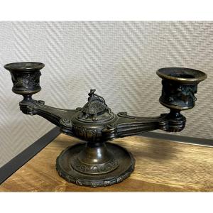 In The Taste Of Barbedienne: Rare Japanese-style Candlestick In Chiseled Bronze 