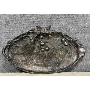 Important Art Nouveau Silver Plated Bronze Bird And Cherry Pocket Tray