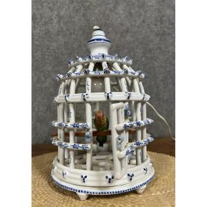 Bird Cage Chandelier In Desvres Earthenware With Blue Decorations On A White Background