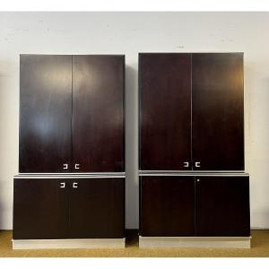 Pair Of Cabinets From An Executive Office Set In Mahogany And Steel, Abbondinterni Italy