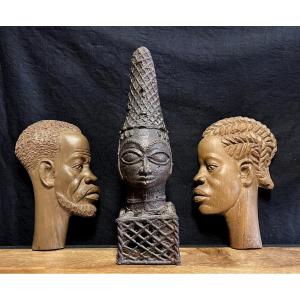 Art Africain : Tête De Reine Du Royaume d'Ifé En Bronze + 2 Profils En Bois Sculpté