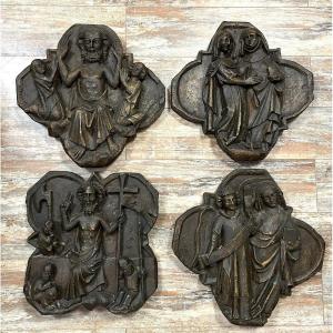 Series Of 4 Patinated Plaster Devotional Altarpiece Panels 