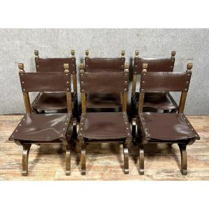 Set Of 6 Renaissance Style Chairs In Solid Wood And Leather, 19th Century, Circa 1850