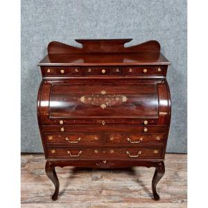 Cylinder Desk In Mahogany And Inlaid Marquetry 