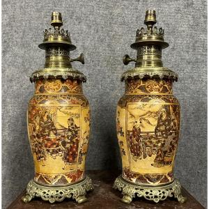 Satsuma Porcelain: Pair Of Baluster Lamps With Polychrome Enamel And Gold Decoration 