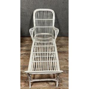 Transat Ou Chaise Longue Vintage En Rotin Laqué Blanc 1960's  