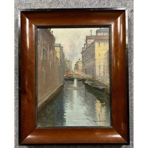 Giuseppe Vigano : Huile Sur Toile Vue De Venise 