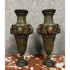 Pair Of Louis XVI Style Ibex Vases In Spelter Metal Circa 1850