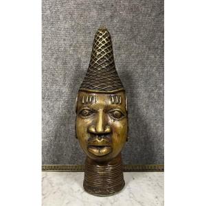 Benin Yoruba Oba Head Of Queen Idia In Gilt Bronze Circa 1900