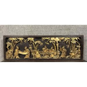 Asia 19th Century: Important Low Relief Panel In Carved, Lacquered And Gilded Wood  