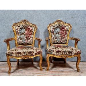 Pair Of Louis XV Style Armchairs In Gilded And Carved Wood 