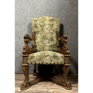 Renaissance Ceremonial Throne Chair With Curved Back In Carved Walnut