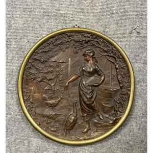 Edouard Drouot: Bas Relief In Tondo In Bronze With Brown Patina 