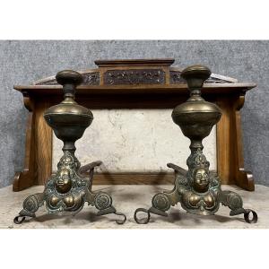 Pair Of Louis XIV Period Andirons In Gilded Bronze 