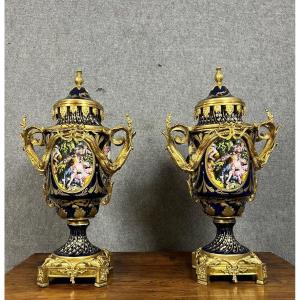 Monumental Pair Of Blue Sèvres Porcelain Vases And Gilt Bronze Mount / H 93 Cm