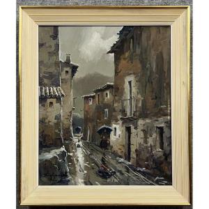 José Colomer: Large Oil On Canvas View Of A Street In Gerona In Spain 