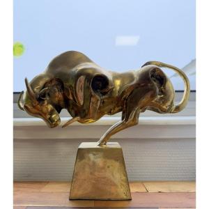 After Dali: Gilt Bronze Sculpture Depicting An Abstract Bull