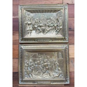 Raphael: 2 Bas Reliefs En Cuivre Repoussé Figurant Des Scènes Animées Encadrées  