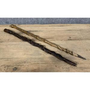 Folk Art: Two Carved Wooden Canes Or Walking Sticks 